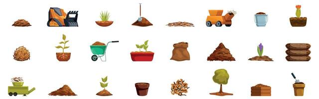 Mulching icons set. Gardeners using wood chips, compost and soil for planting and fertilizing vector
