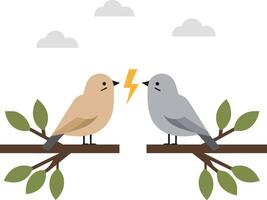 Two birds facing each other with lightning bolt symbolizing conflict on tree branches with green leaves and clouds illustration vector