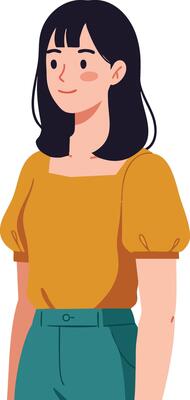 Young woman wearing mustard yellow blouse and teal pants standing in casual pose illustration