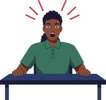 Surprised young man sitting at table with shocked expression and red exclamation lines illustration vector
