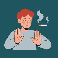 Man refusing cigarette smoke with hands raised in anti smoking gesture illustration vector