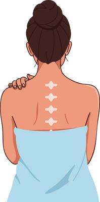 Woman with highlighted spine from back in blue towel illustration for health and wellness concept