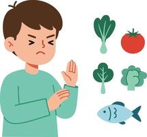 Child refusing to eat vegetables and fish showing dislike for healthy food choices in a flat illustration vector