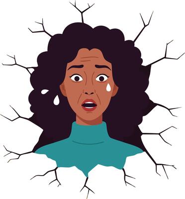 Woman with cracked face and broken wall illustration showing emotional distress graphic