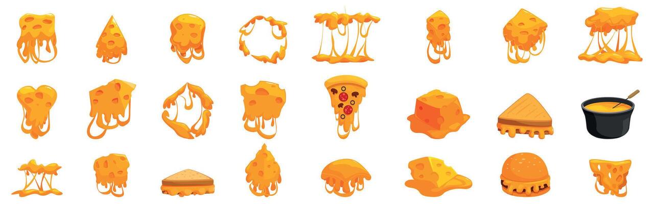 Melted cheese icons set. Melted cheese dripping on various food items and shapes