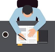 Man writing notes at desk with coffee cup and notebook top view illustration for work or study environment vector