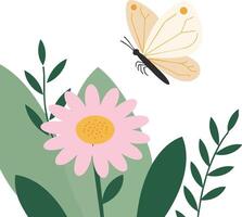 Butterfly flying over pink flower with green leaves illustration in soft colors and simple style vector