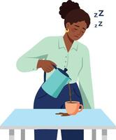 Woman Pouring Coffee While Falling Asleep Standing by Table Illustration in Calm Scene vector