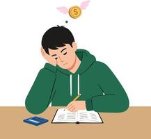 Young man in green hoodie struggling with finances and budgeting while studying with calculator and notebook illustration vector