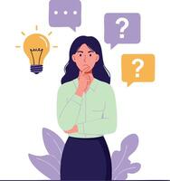 Woman Thinking with Light Bulb Idea and Question Marks in Speech Bubbles Illustration vector
