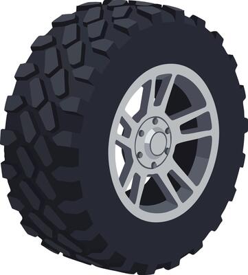 Off-road tire with rugged tread pattern and silver alloy wheel design illustration