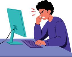 Frustrated young man working on computer with angry expression and tense posture illustration vector