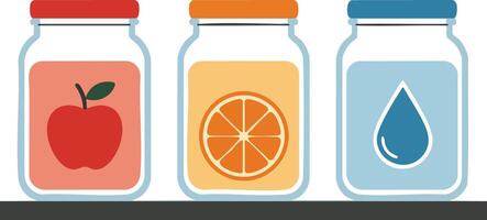 Three jars with apple, orange, and water icons on shelf in simple illustration design vector