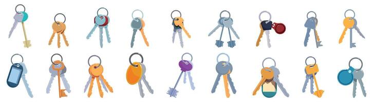 Key bunch icons set. Set of keys hanging with keychains and keyrings, key holding icons set vector