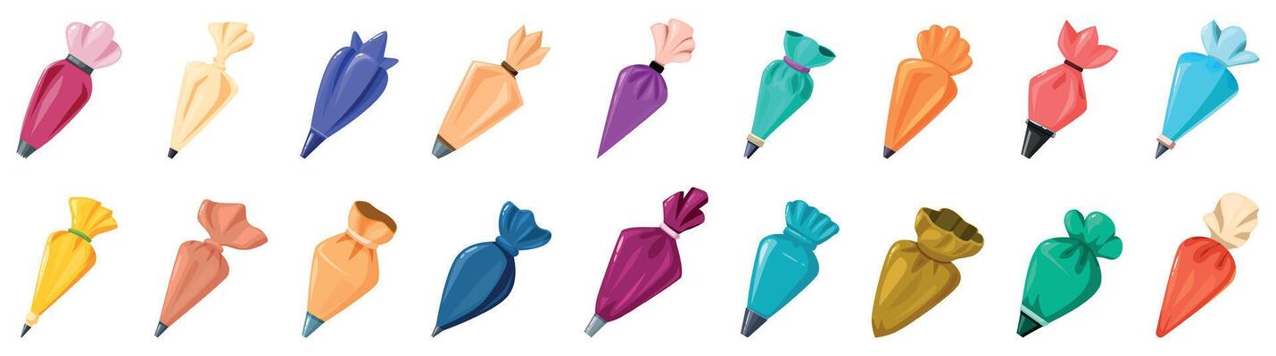 Pastry bag icons set. Pastry bags for icing and decorating cakes and desserts