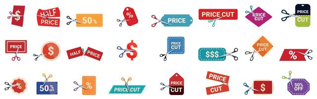 Scissors cutting price icons set. Scissors cutting price tags and coupons in half, reducing costs for consumers vector