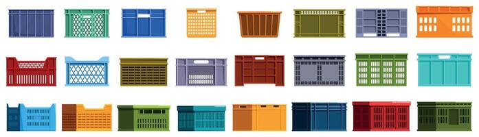 Plastic crate box icons set. Colorful plastic crates for storage and transportation showing different sides vector