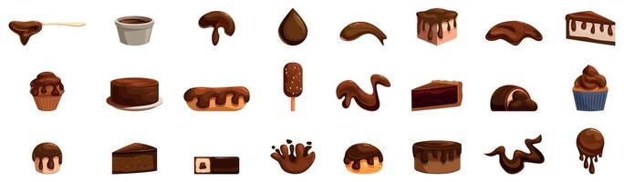 Chocolate ganache icons set. Chocolate products showing various forms and uses of cocoa vector