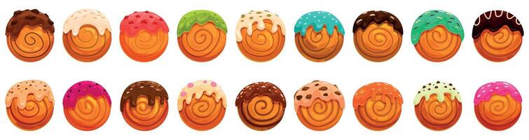 Cromboloni cake icons set. Sweet rolls covered with different toppings forming a delicious pattern vector