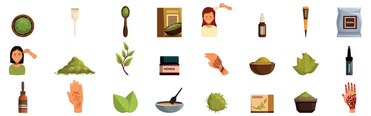 Henna hair icons set. Henna tattoo dyeing process and application tools