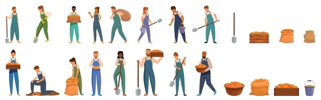 Collecting potatoes icons set. Farmers harvesting potatoes, using shovels and carrying sacks and crates vector