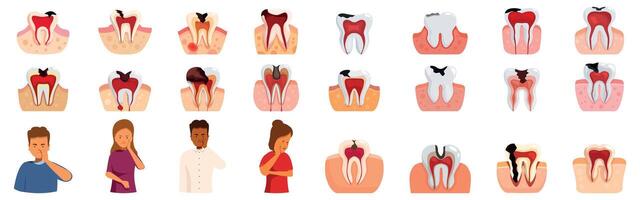 Abscess tooth icons set. Patients and dentists examining teeth showing different stages of caries and tooth decay vector