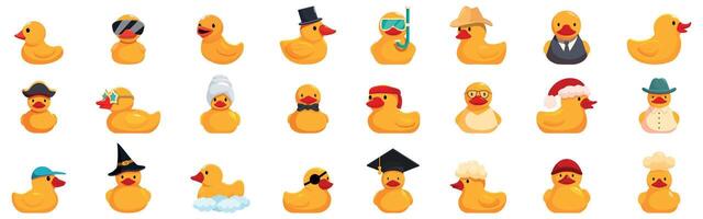 Rubber duck icons set. Rubber ducks wearing different funny costumes and hats posing on white background vector