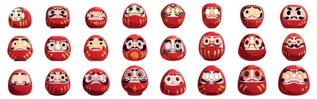 Daruma toy icons set. Daruma dolls showing different expressions and emotions vector