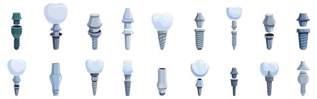 Abutment icons set. Dental implant restoring teeth functionality, different types of artificial tooth roots vector
