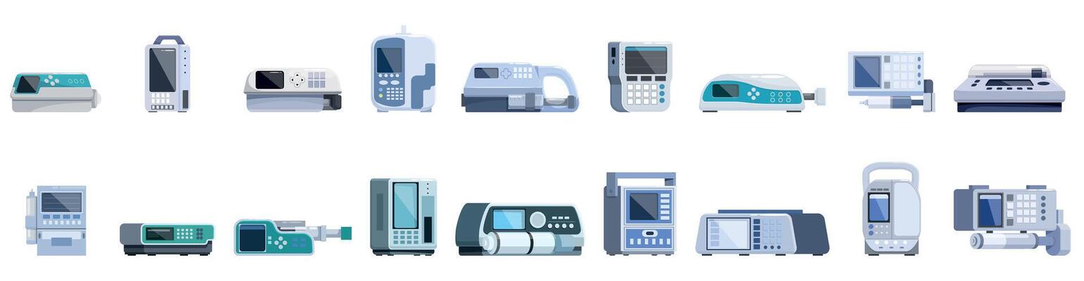 Infusion pump icons set. Infusion pumps delivering consistent medication in modern healthcare settings