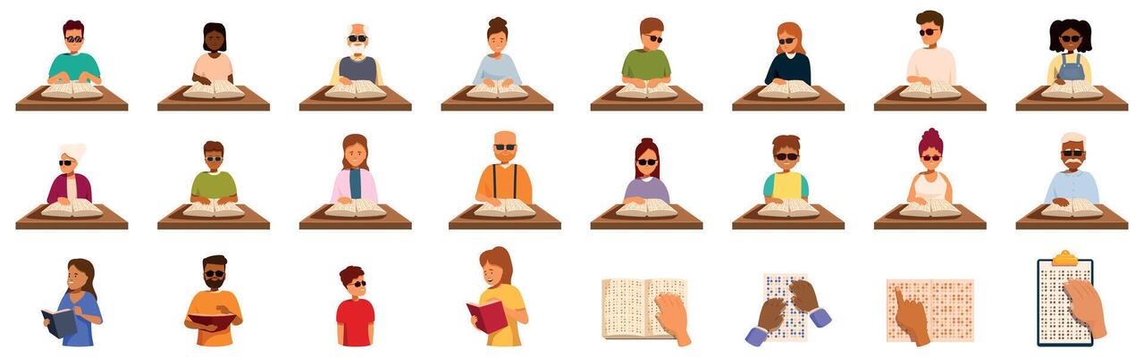 People reading braille book icons set. Diverse group of people reading braille books