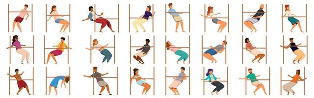 Limbo dance icons set. People passing under horizontal pole, limbo dance competition, flexibility and fun party game vector