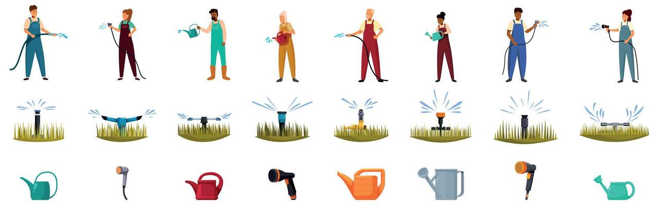 Watering crops icons set. Gardeners watering plants with hoses, watering cans, and sprinklers