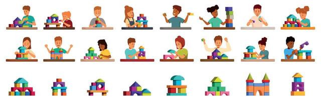 Kids play building blocks icons set. Children playing and building with colorful wooden blocks vector