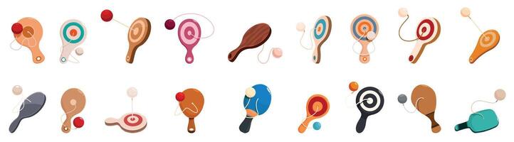 Paddle ball toy icons set. Paddle and ball game icons showing variety of designs and colors for recreation and entertainment vector