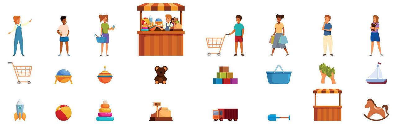 Kids play shop icons set. Diverse people shopping and exploring market stalls