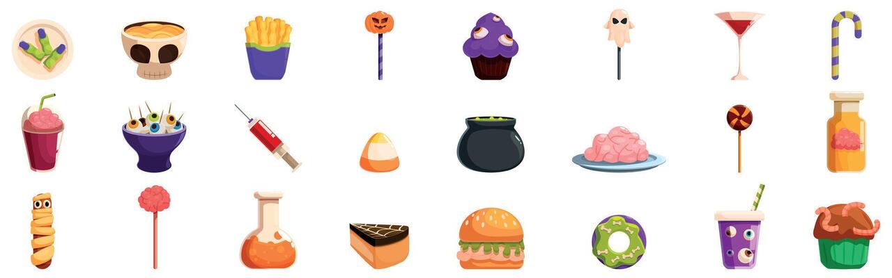 Halloween dishes icons set. Colorful halloween treats and beverages collection