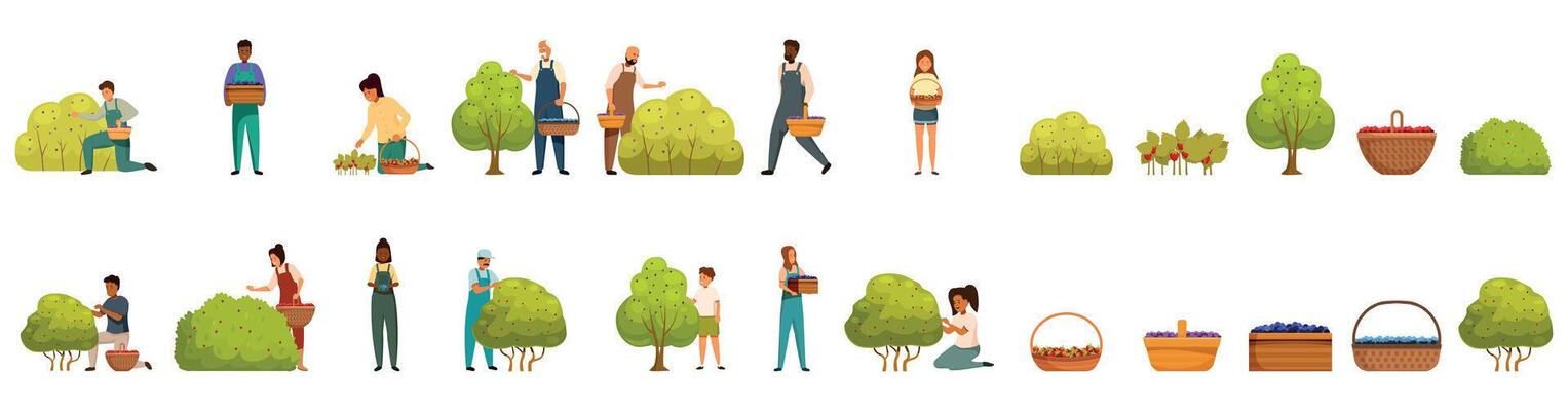 Berry picking icons set. Farmers harvesting berries in orchard and carrying baskets full of fruit