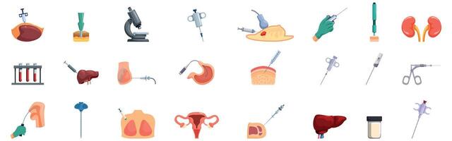 Biopsy icons set. Biopsy procedure, examining tissues with medical instruments and microscopic analysis vector