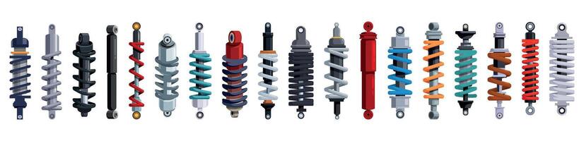 Shock absorber icons set. Different colorful shock absorbers maintaining smooth ride performance vector