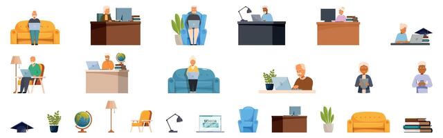 Seniors study online icons set. Elderly people working and studying from home or office using technology vector