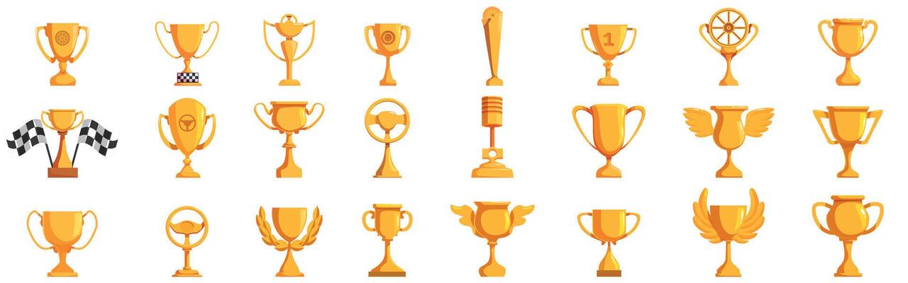 Racing trophy icons set. Golden trophy cups representing victory and achievement in competition