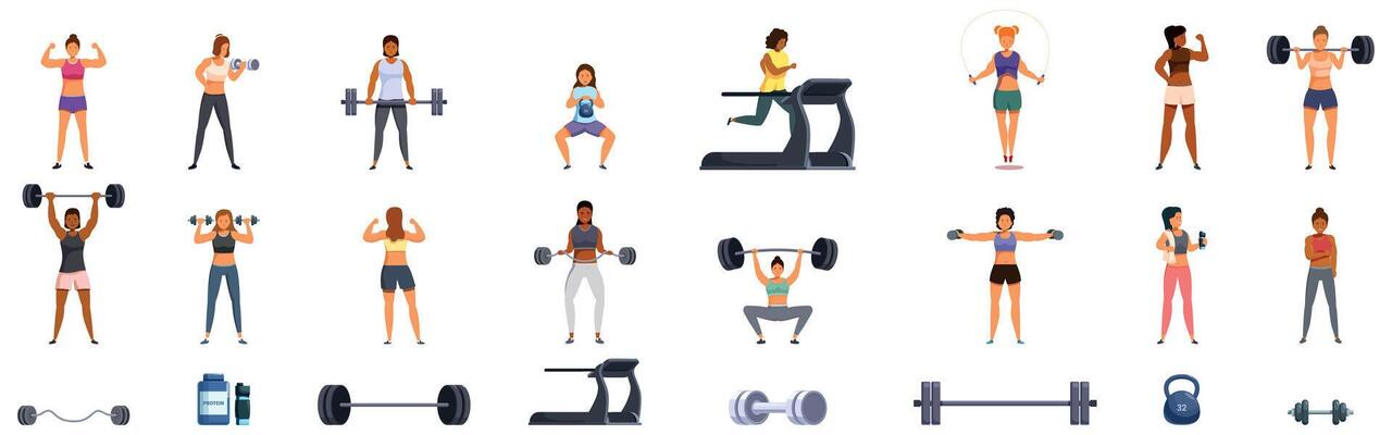 Female bodybuilder icons set. Diverse people engaging in various fitness activities