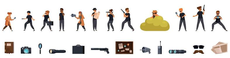 Kids play spy icons set. Detectives investigating, spying, and gathering clues with various tools vector