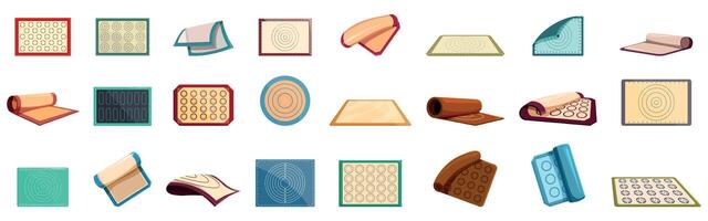 Baking mat icons set. Silicone baking mats in various shapes and colors, rolled and flat vector