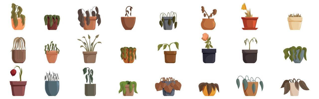 Dead plant pot icons set. Withered houseplants in pots showing lack of care and attention