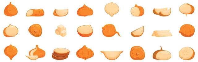 Jicama root icons set. Jicama slices and cubes showcasing freshness and versatility vector