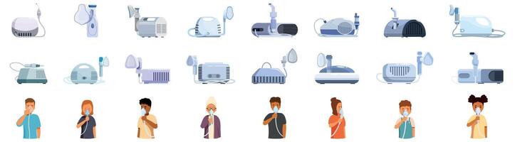 Nebulizer icons set. Diverse individuals using various nebulizers for breathing treatment vector