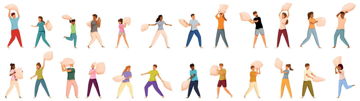 Pillow fight icons set. People playing pillow fight, having fun at home, pajama party, leisure time