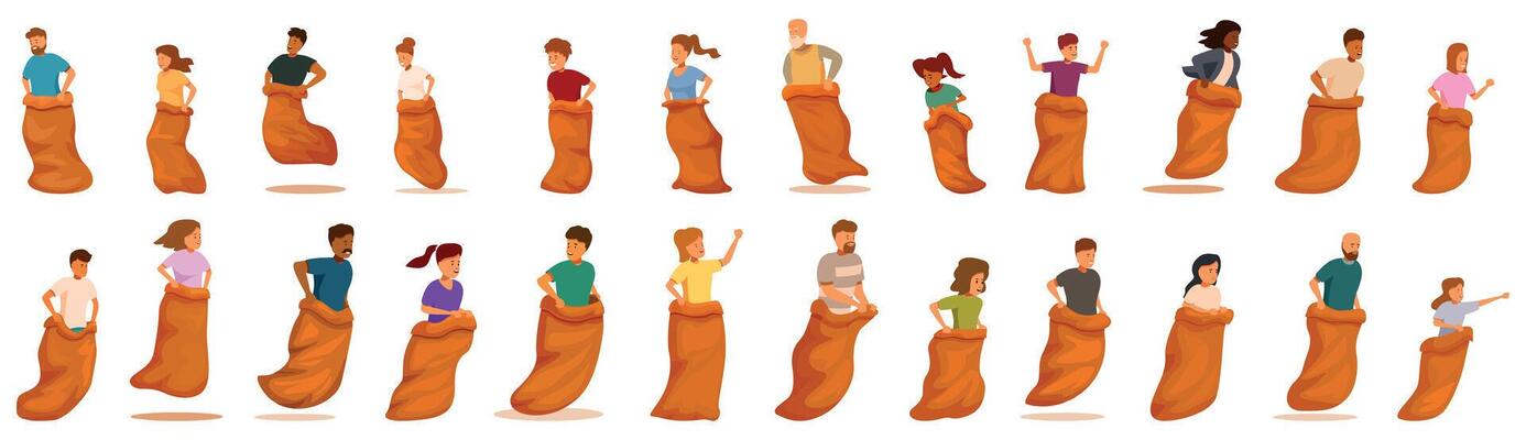 Sack race icons set. People jumping in burlap sacks, gunny sack race competition